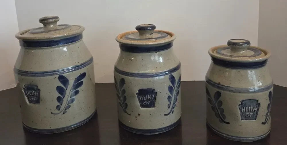 Vtg Westerwald Pottery Heinz 57 Stoneware Canister Set 3 Crocks Lids Signed 1994